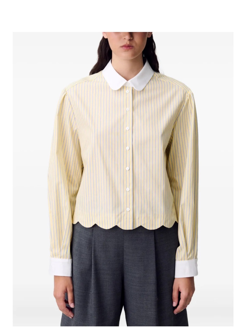 Claudie Pierlot NWT Women's Yellow Striped Button-Down Scallop Shirt